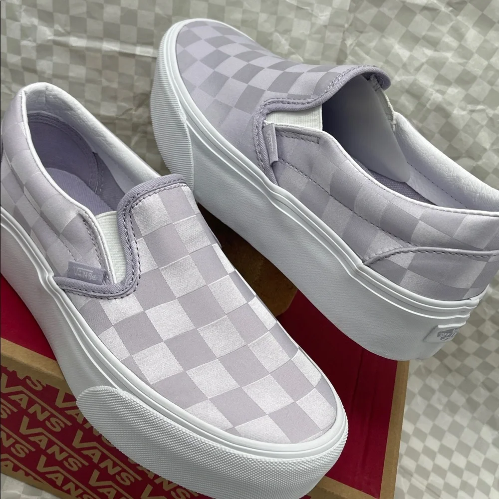 Vans Platform Sneakers Classic Slip-On Stackform Satin Checkerboard Lilac